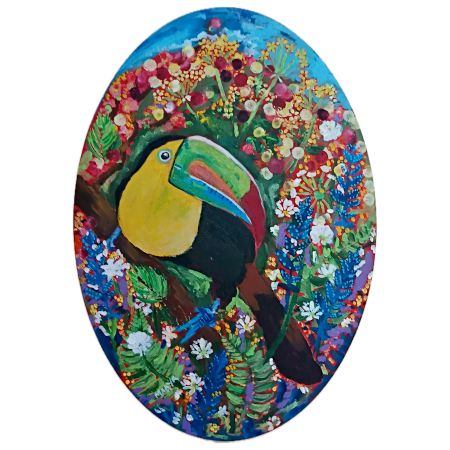 The Rainbow-Billed Toucan Oval Canvas Painting by Dr. Maya Subramoni 20 x 12 Inches